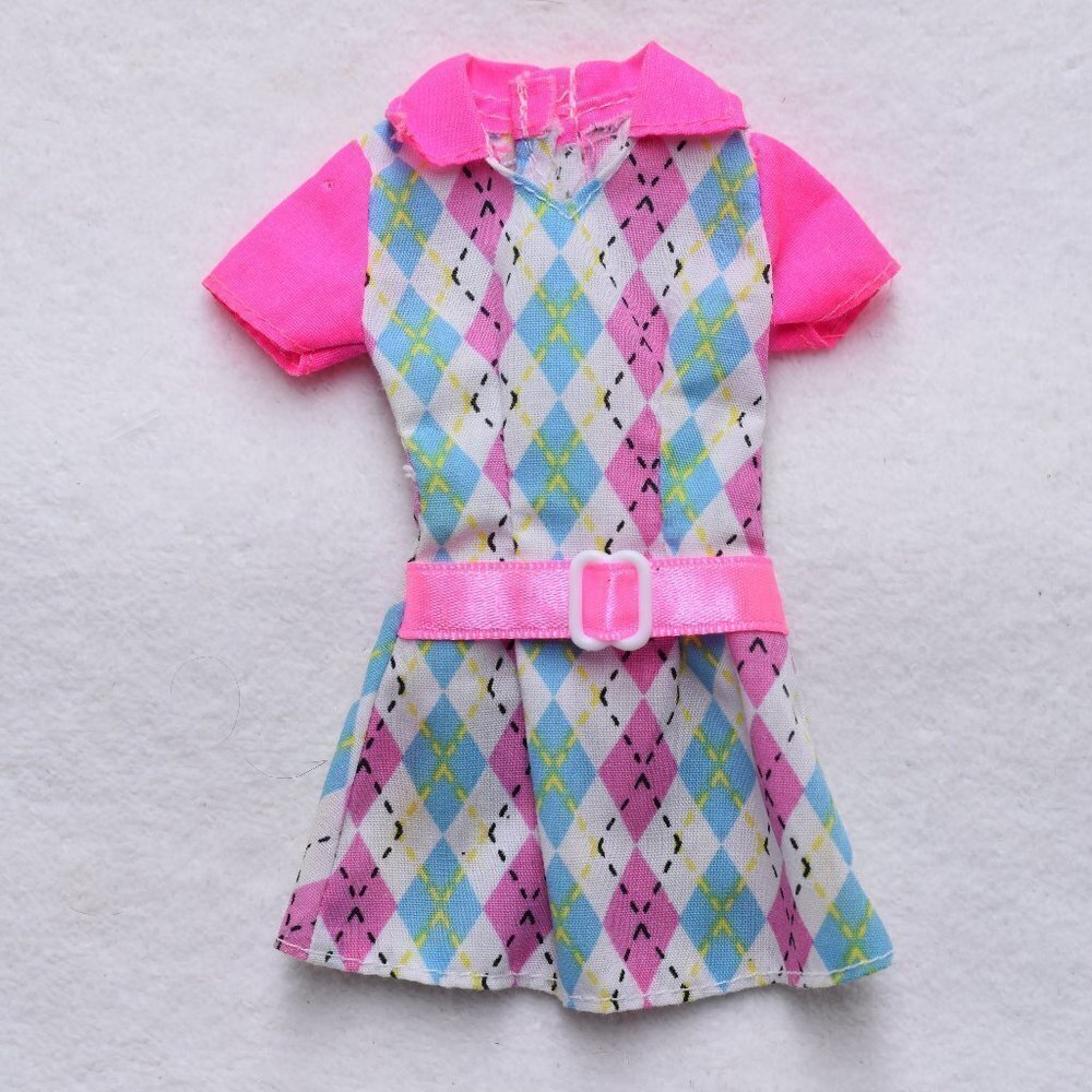 Vintage Genuine Mattel Barbie Checkered Dress Colorful Pink Green Replacement